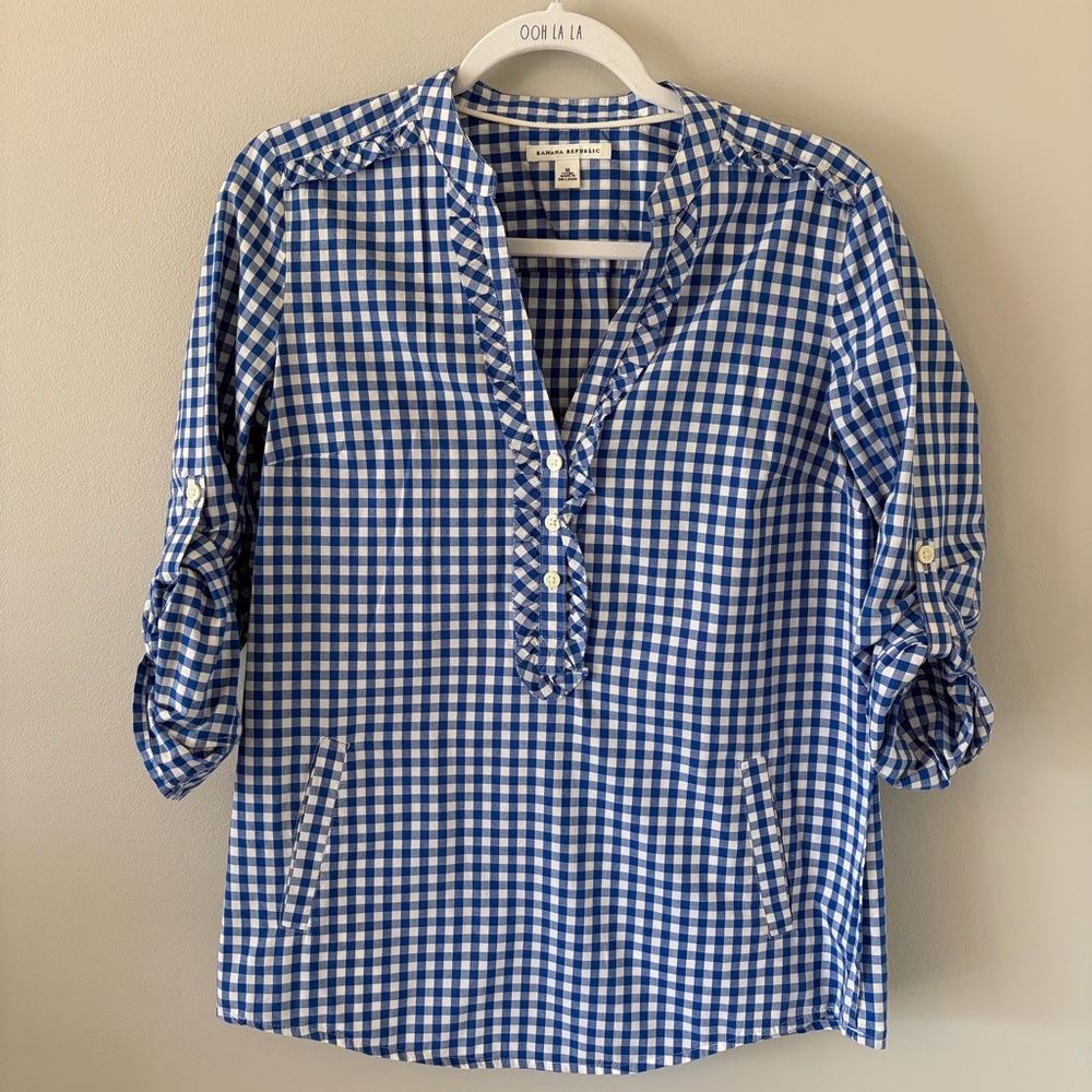 Banana Republic Blue Checkered Blouse Size Medium